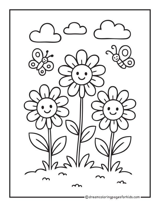 Smiling Flowers and Butterflies Coloring Pages